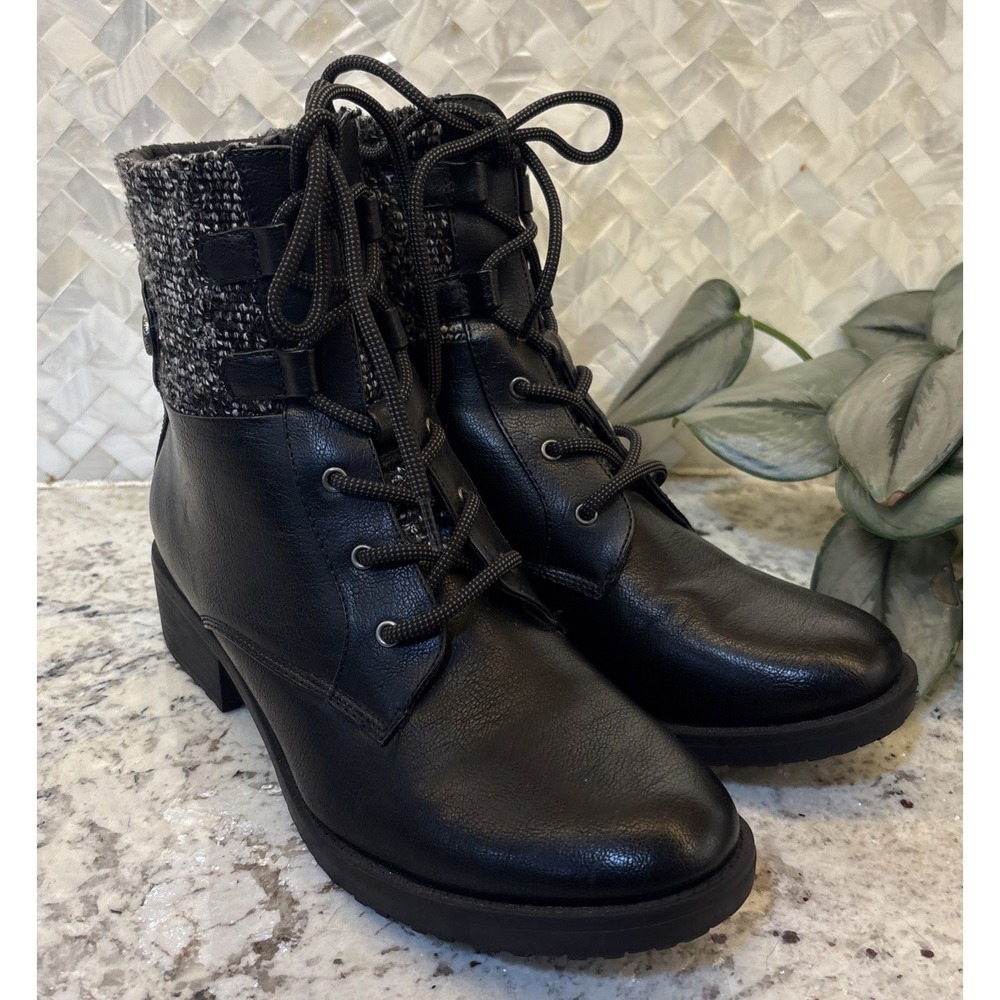 Baretraps Black Faux Leather Tweed Cuff 9.5 Tie Zip Ankle Boots Winter Traction